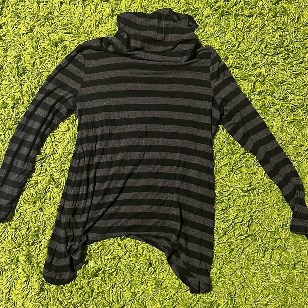 gray and black stripped flowy turtleneck